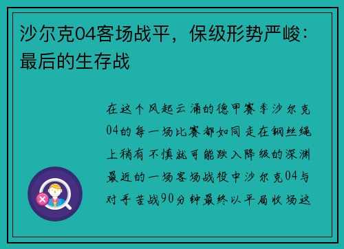 沙尔克04客场战平，保级形势严峻：最后的生存战